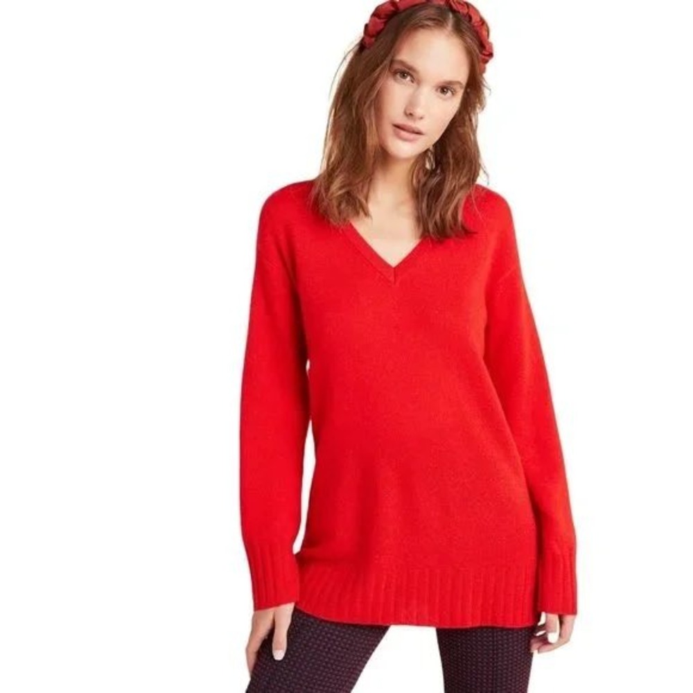 Anthropologie Red‎ Cashmere V-Neck Sweater Tunic Women's XS Soft Cozy Minimalist